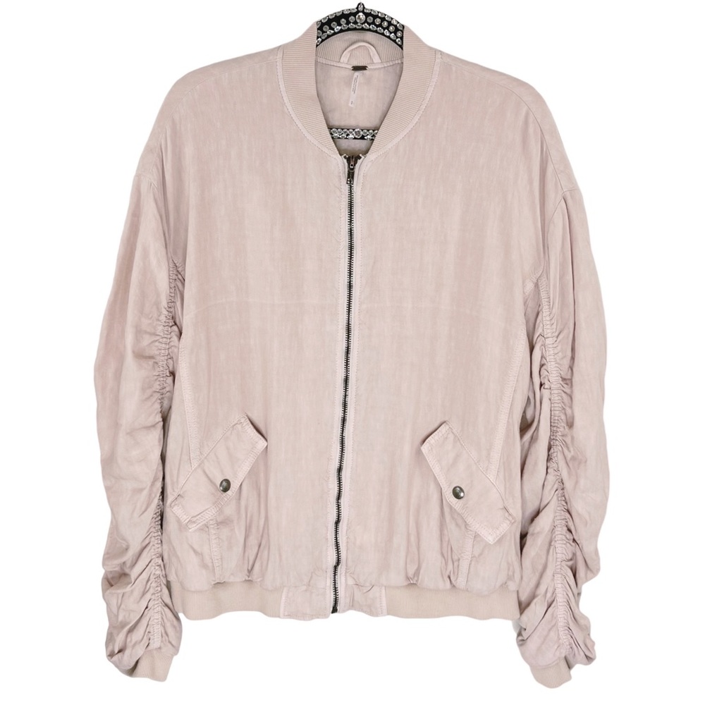 Free People Pink Ruched Linen Blend Oversized Bomber Jacket Size Small